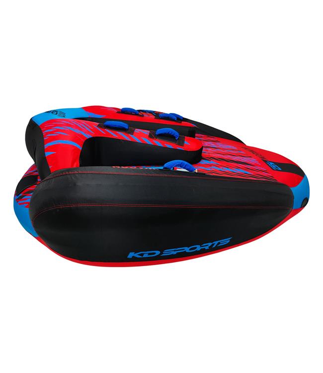 KD Bandwagon 3-person couch ski tube - close detail of soft-grip handles and Boston valve