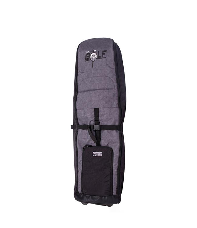 Liquid Force Golf Board Bag in Black – alternate view showing easy rolling urethane wheels and grab handle